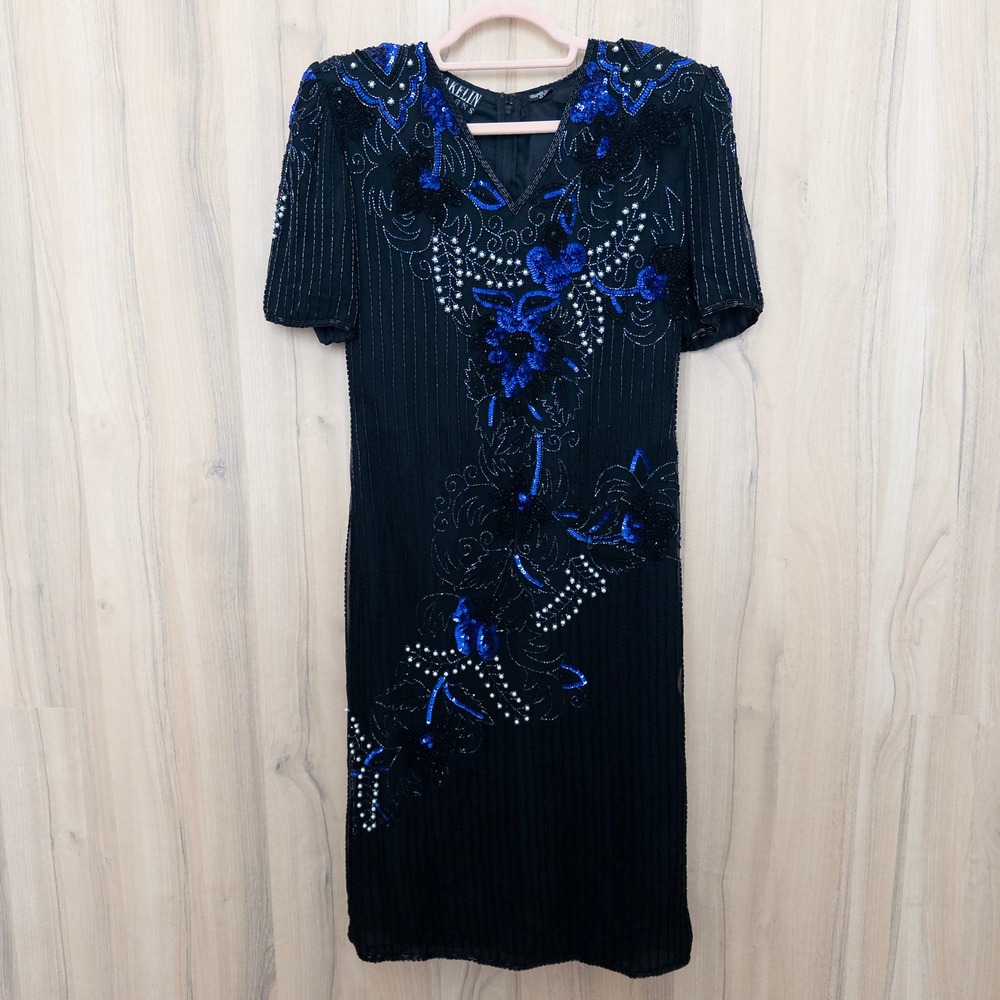 Jakelin Designs Womens Silk Beaded Dress Size M Black Gatsby‎ Art Deco Cocktail